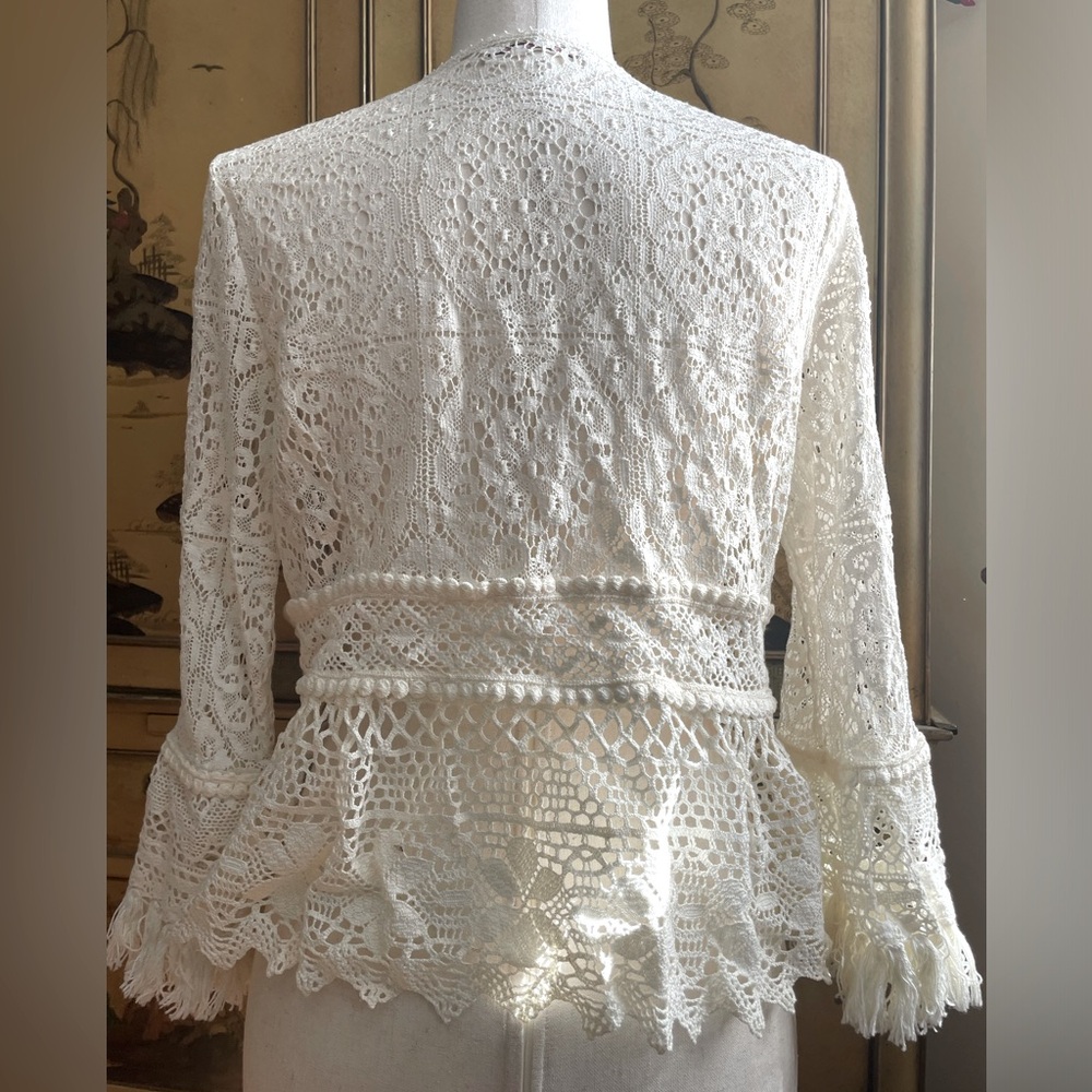 NANETTE LEPORE Anthropologie Ivory Crochet LACE FRINGE Bell Sleeve BOHO Top S - Picture 3 of 11